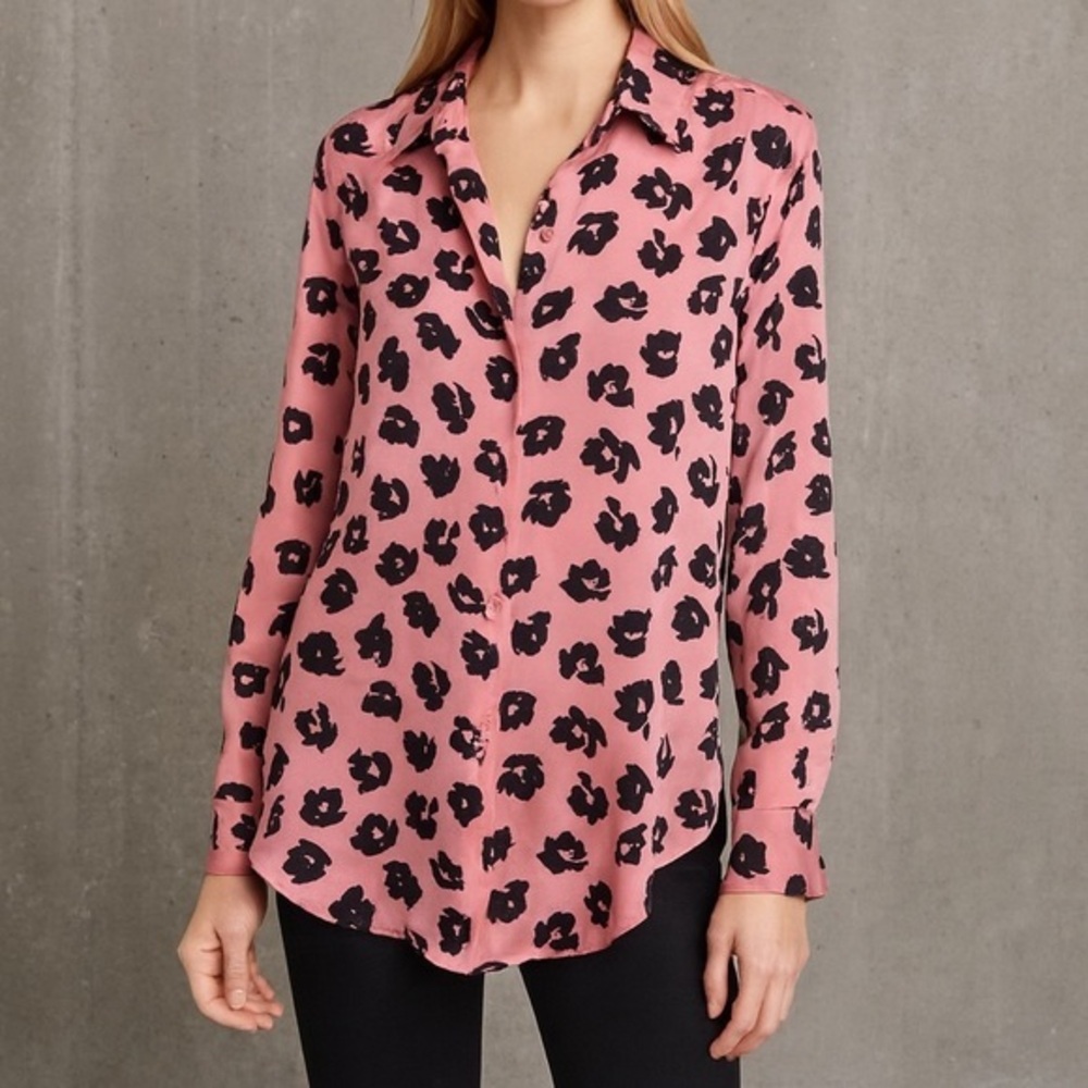 Equipment rose & black satin floral button down blouse